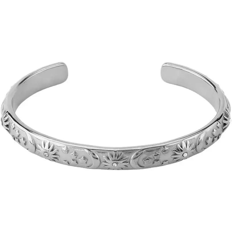 Embossed Moon  Sun Bangle Cuff Bracelet for Women Fashion CZ Insected Celestial Open Adjustable Statement Bracelets Lightweight Boho Wrist Wrap Dress Accessories