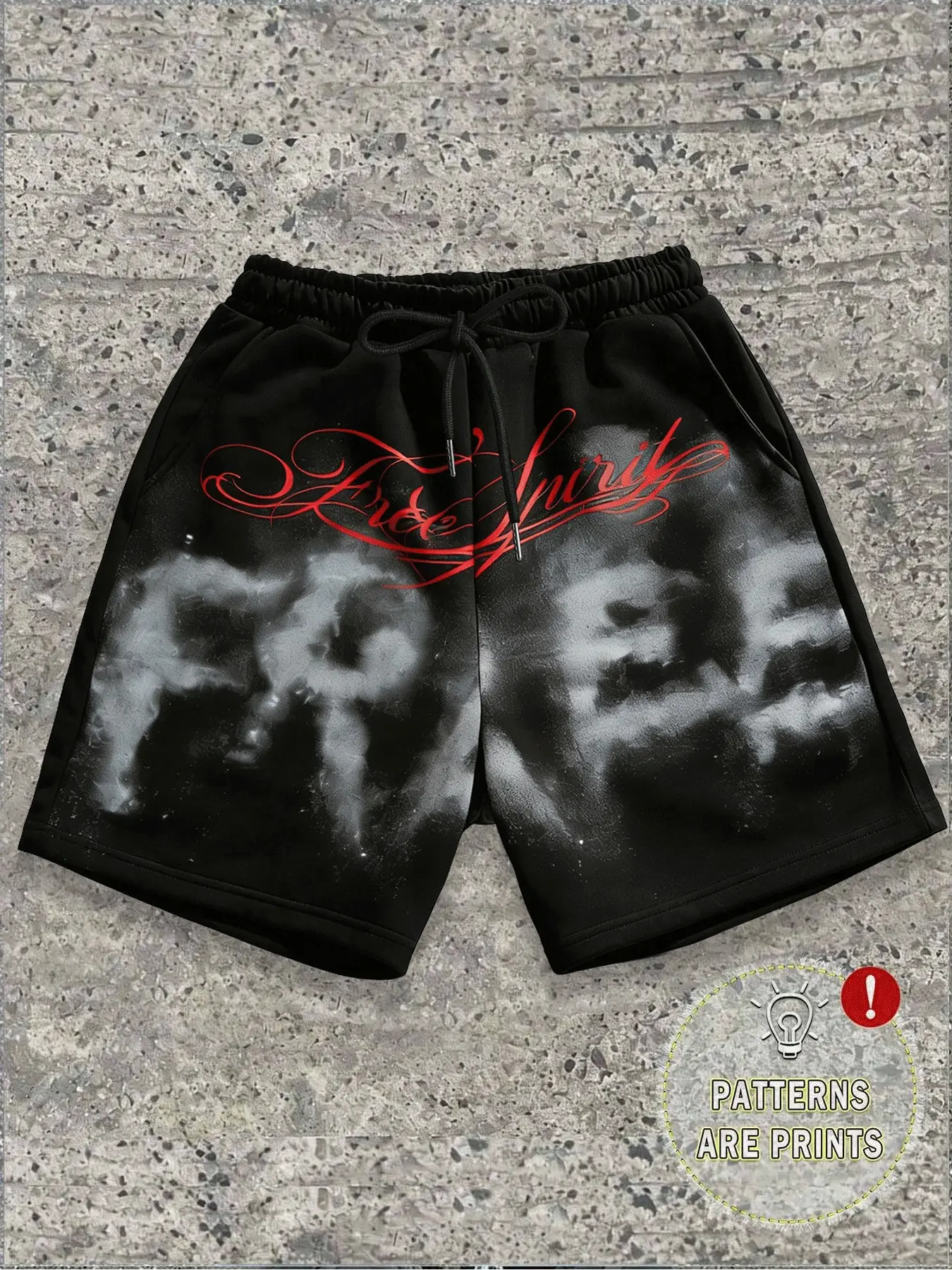 Men's Black Smoke Graphic Red Cursive Letter Sweat Shorts, Streetwear Elastic Drawstring Casual Short Pants, Vintage Tattoo Gothic Hip Hop Aesthetic & Comfort Fabric, Versatile Daily Streetwear Loose Summer Shorts for Men