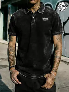 Men's 100% Cotton Vintage Washed Gothic Polo Shirt, Dark Metal Logo Print, Streetwear Top, Casual Loose-Fitting Short Sleeve