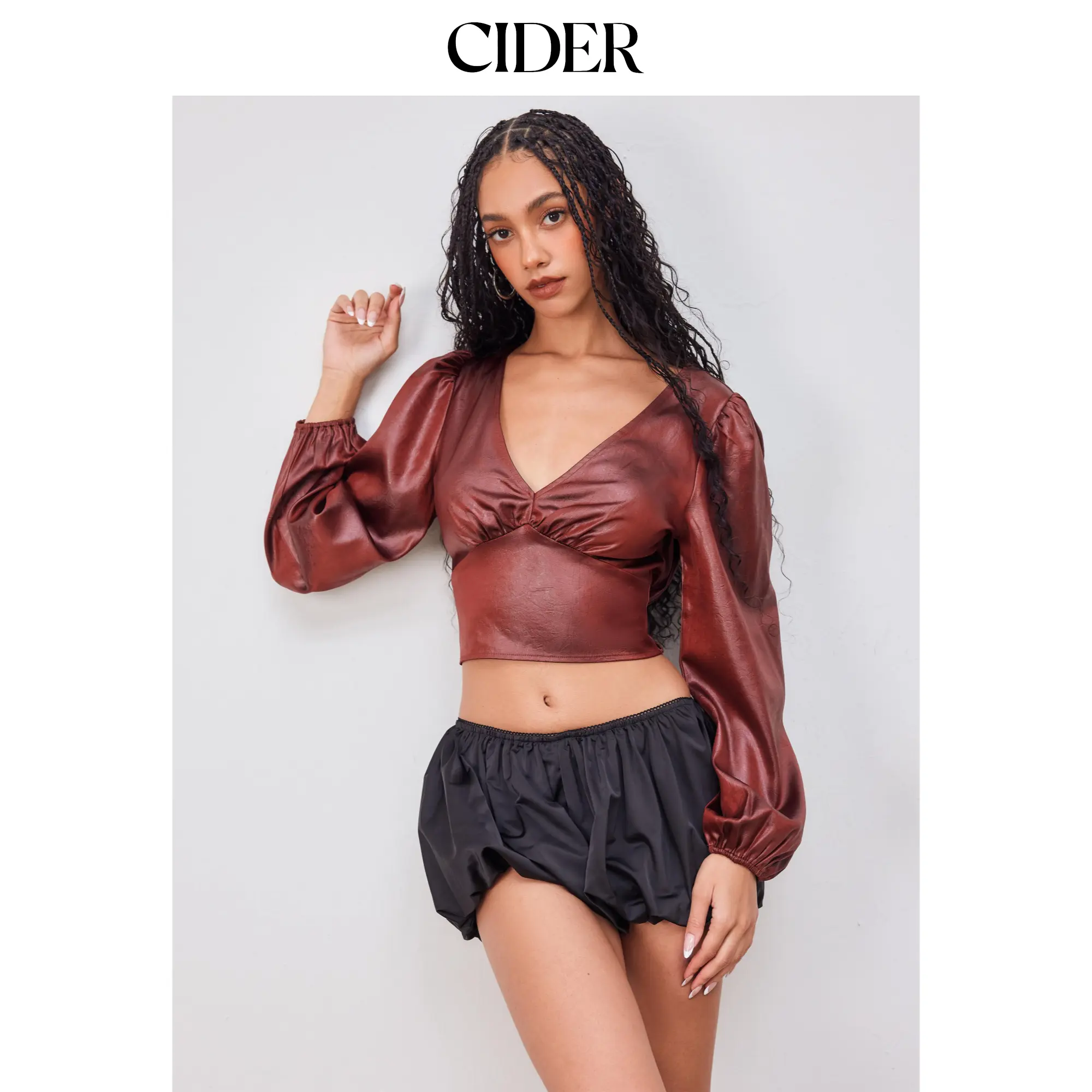 Cider Satin V-neck Tie Back Bowknot Cropped Long Sleeve Blouse SummerFinds