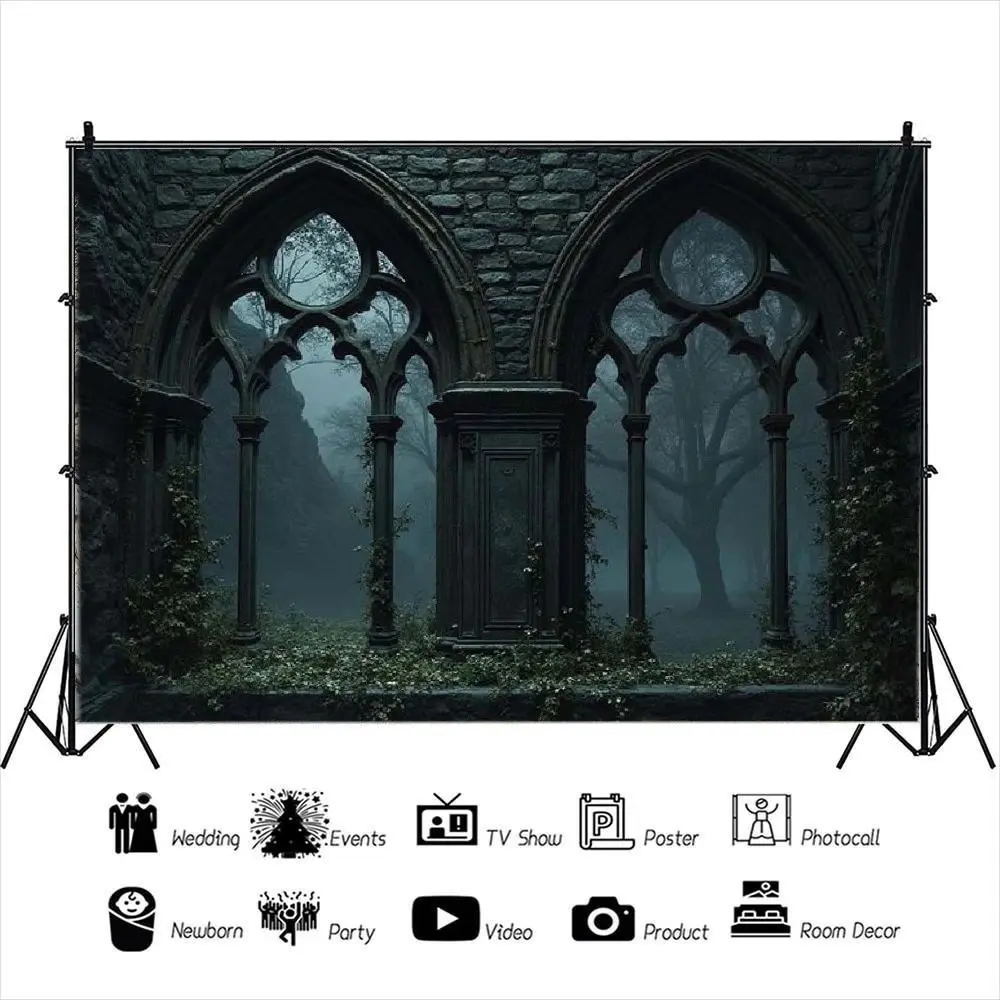Halloween Party Decor, Gothic Castle Arch Window Backdrop, Misty Vine Hanging Cloth, Vintage Building Photo Background, Indoor Outdoor Halloween Decoration