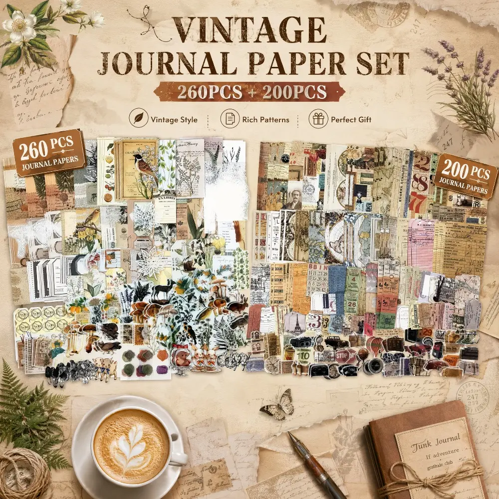 460Pcs Vintage Junk Journal Paper Set, 260 Vintage Scrapbook Pages + 200 Retro Decorative Stickers, Antique Botanical Ephemera Kit for DIY Scrapbooking, Journaling, Card Making, Vintage Aesthetic Craft Supplies Gift for Women