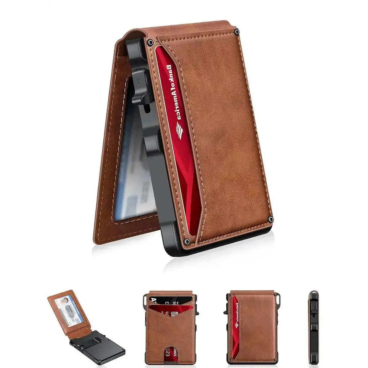Men's Minimalist Ultra-Thin RFID Shielded Wallet, Aluminum Alloy Dual-Fold Design, 9-13 Card Capacity, Money Clip, ID Window, Durable Bifold Wallet