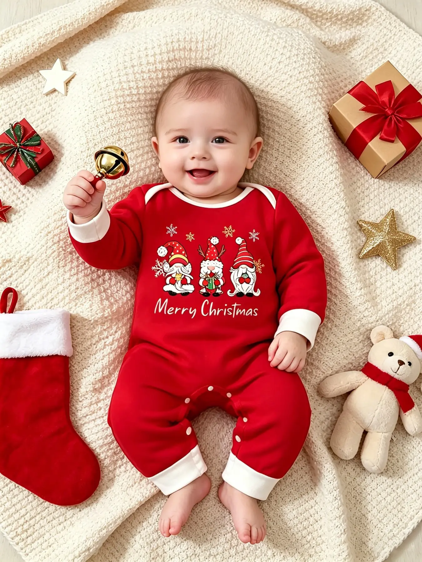 Spring Fall Envelope Neck Long Sleeve Three Cartoon Prints Santa Claus Onesie, Unisex Baby Cute Crawling Suit, Christmas Atmosphere