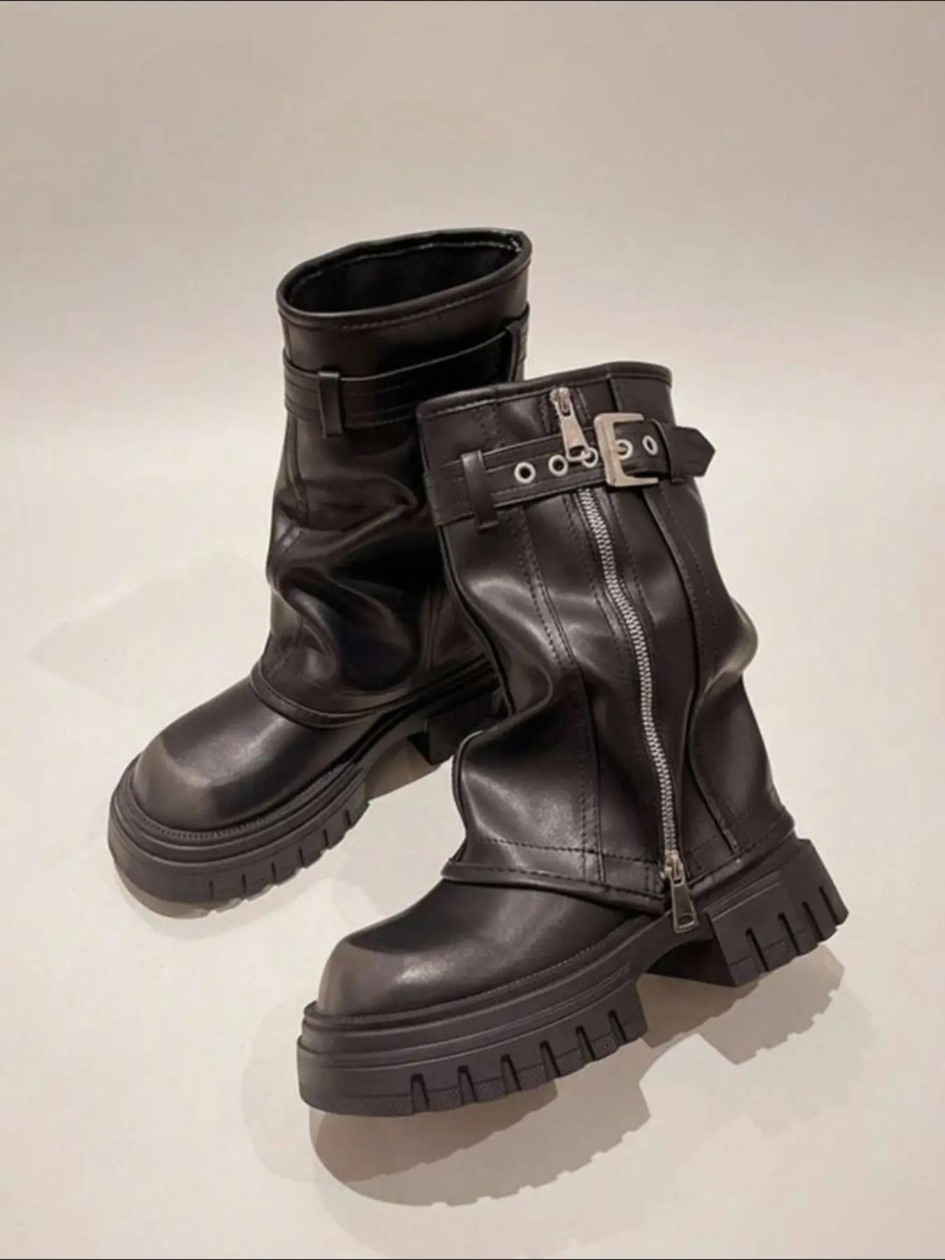 Women's Vintage Thick Sole Mid-Calf Boots, Metal Dual Zipper Belt Buckle Motorcycle Boots, Height-Boosting Anti-Slip, Trendy Fall Winter Shoes