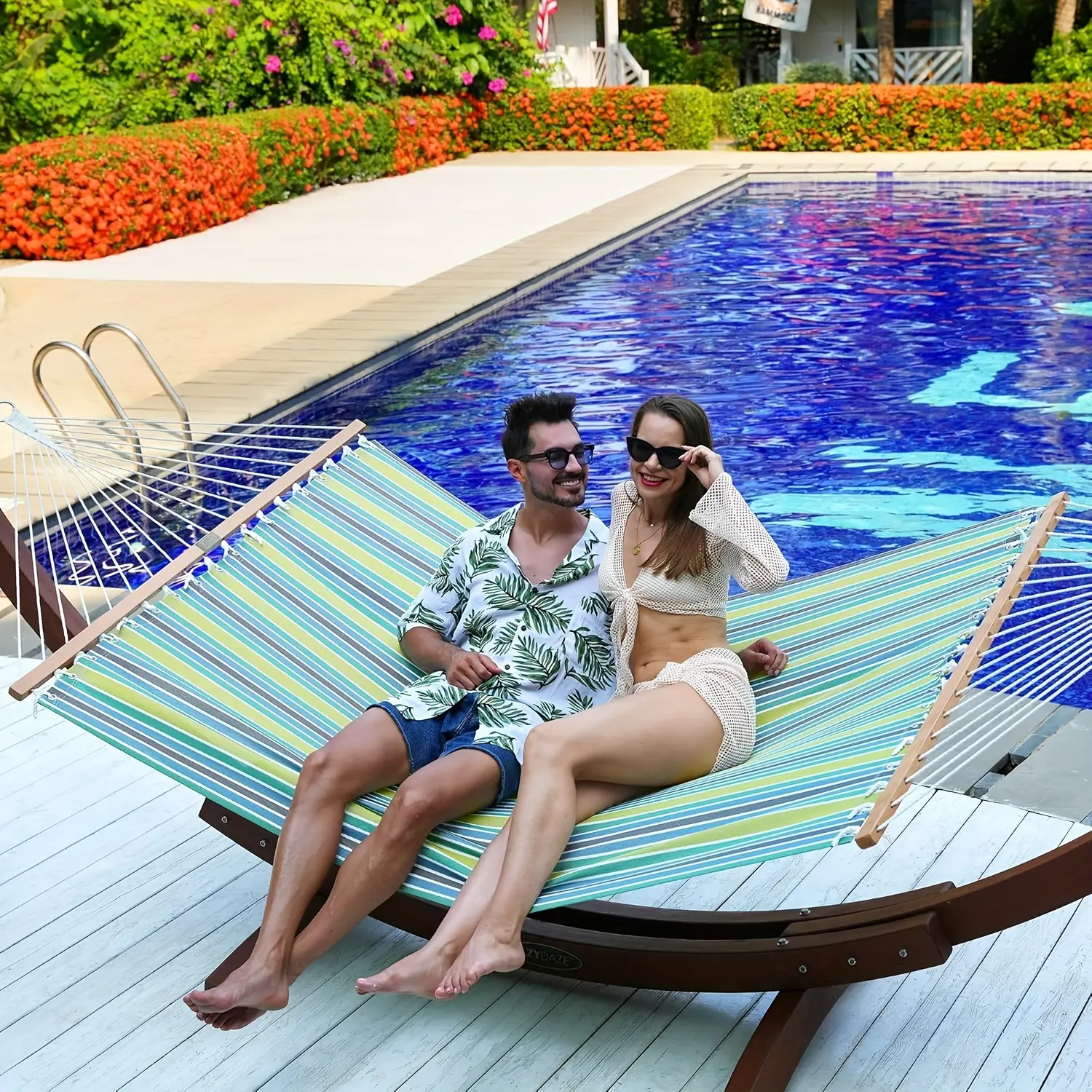 Lazy Daze Hammocks Quick Dry Hammock with Spreader Bar 2 Person Double Hammock with Chains Outdoor Outside Patio Poolside Backyard Beach 450 Lbs Capacity (Without Stand)