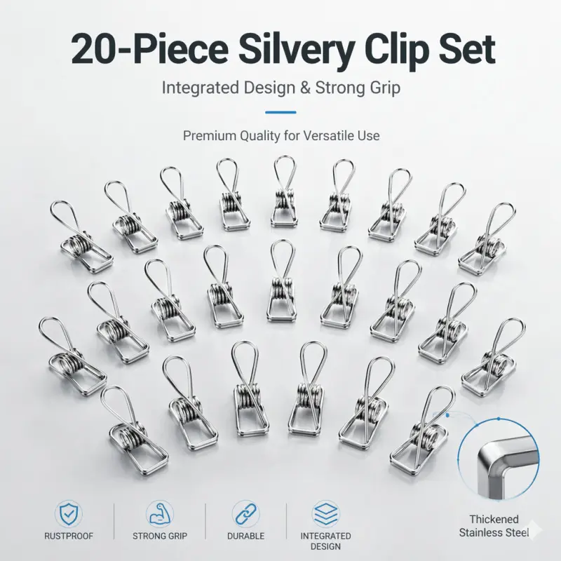 20-Pack Stainless Steel Clips, integrated structure with strong gripping force. Rust-proof and durable, suitable for home and outdoor use.