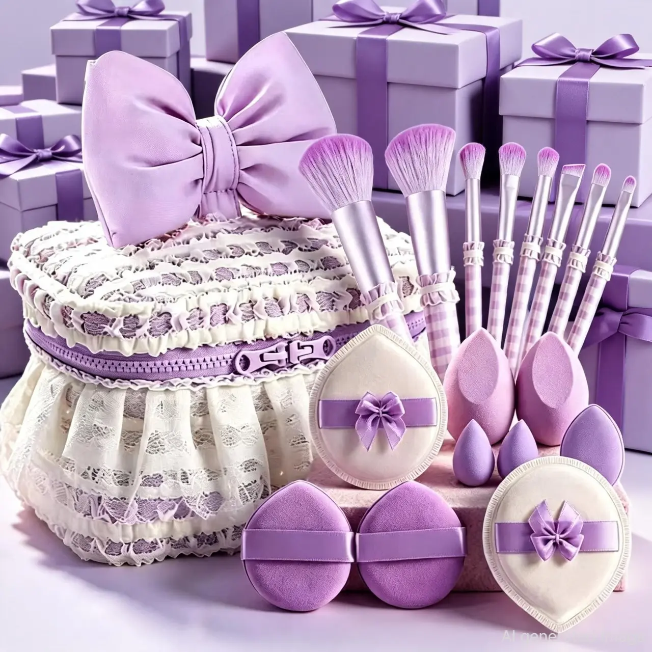 Sweet Purple Lace‑Design Makeup Brush Gift Set, Soft Fluffy Synthetic Brushes for Blush, Eyeshadow & Foundation, Comes with Beauty Sponges & Bow‑Decor Puffs, Cute Cosmetic Kit for Women Girls
