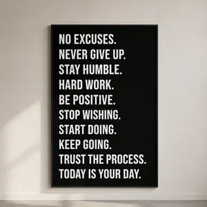 Motivational Canvas Wall Art "No Excuses" Inspirational Quotes Framed Poster Modern Office & Home Gym Decor, Positive Quotes Wall Decor for Bedroom, 12x16 Minimalist Black Canvas Art Gift for Entrepreneurs
