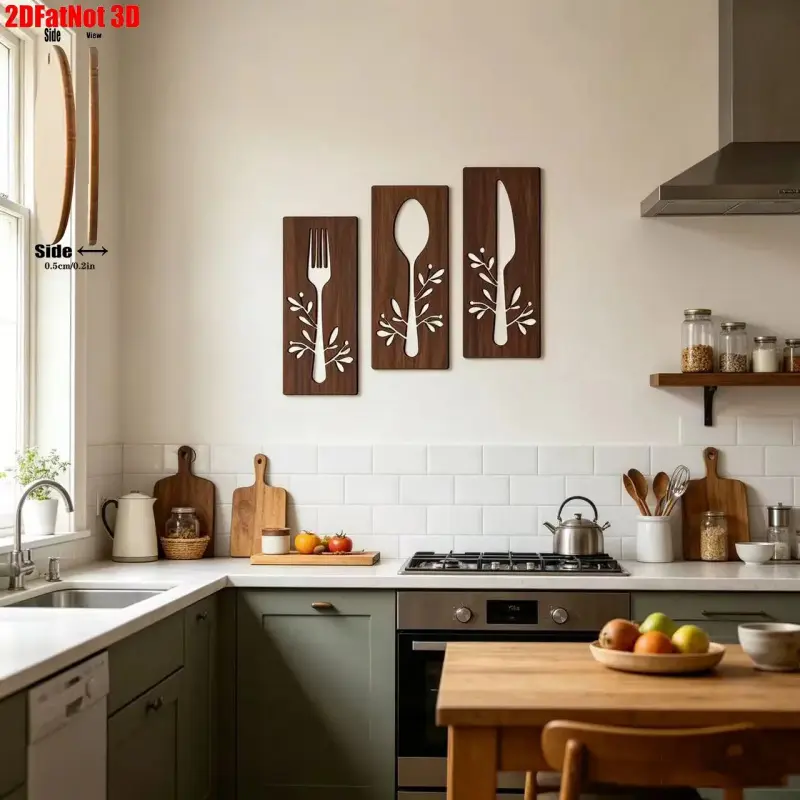 3 Piece Wooden Kitchen Wall Decor, Fork Spoon Knife Art, Rustic Silhouette Artistic Kitchen Wall Signs, Dining Room Home Decor Decoration, Cool Wall Art, Artistic Indoor Decoration
