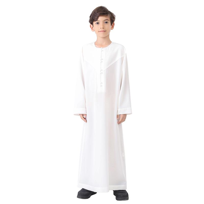 Boys' Solid-Color Buttoned Robe - Polyester-Blend Fabric for Daily Casual Wear Long Sleeve Arabic Boys Thobe