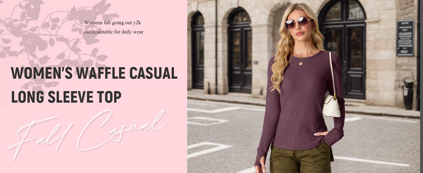 GRECERELLE Waffle Knit Long Sleeve Shirts for Women Crew Neck Slim Fitted Going Out Tops Y2k Outfits