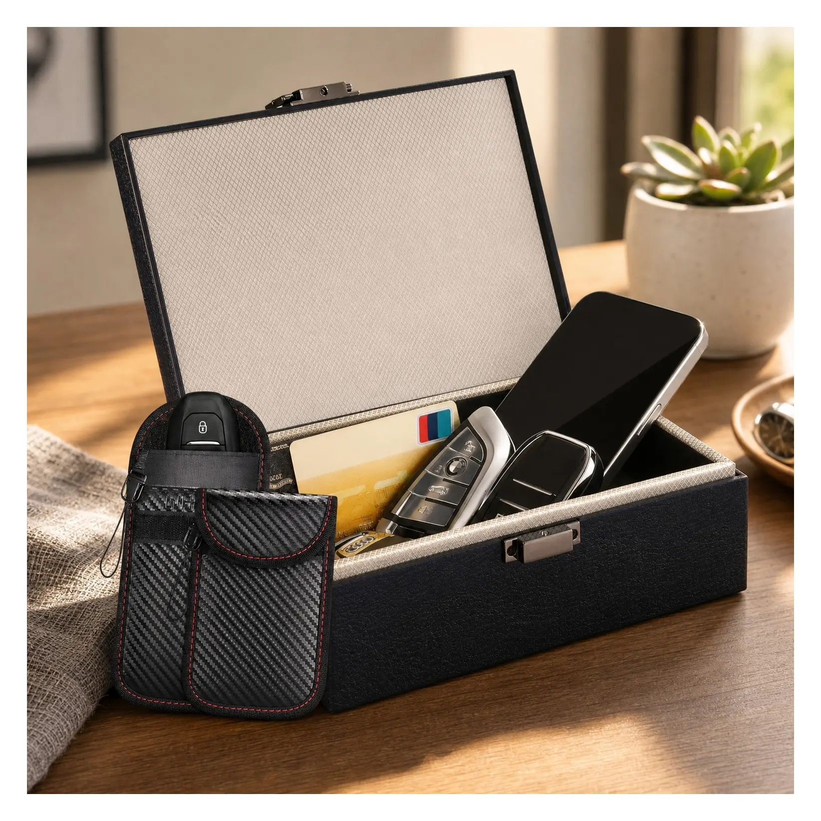Faraday Box & Bag, Anti-Theft RFID Signal Blocker for Car Key Fob, Keyless Entry Security Cage, Fits 15 Keys, ABS Hard Shell, 2 RFID Blocking Cards for Wallet ProtectionGift