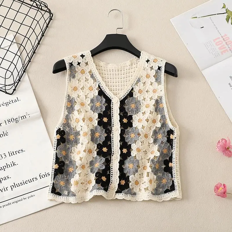 Women Floral Crochet Vest Button-up Open Work Sleeveless Jacket Knitted Waistcoat Top Boho Vacation Spring Summer 2026