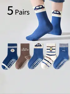 5 Pairs Anti-Slip Socks for Kids, Cartoon Car Stripe Letter Design, Indoor Walking Sports Socks, Suitable for Ages 1-12, Spring & Fall
