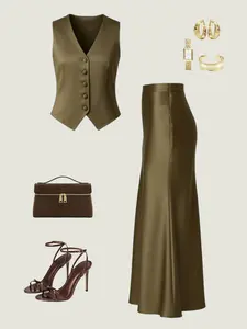 Olive Sleeveless Vest + Long Skirt Set, Elegant Slim-Fit Office Wear, All-Over Print, Spring Summer, Women's Fashion