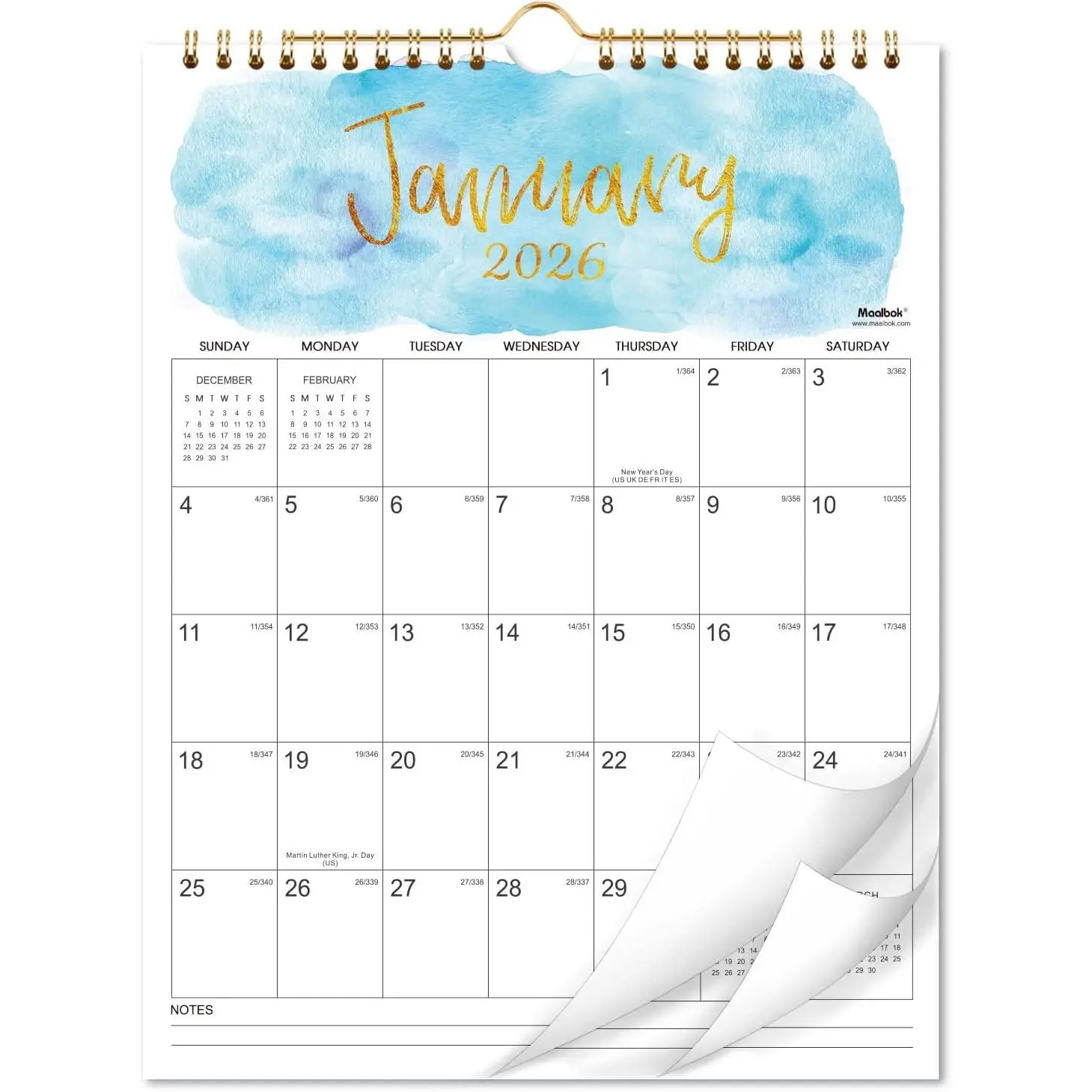 2026 Hanging Wall Calendar from January 2026 to December 2026 11.4" x 14.6" Twin-Wire Binding Large Blocks with Julian Dates Perfect for Planning