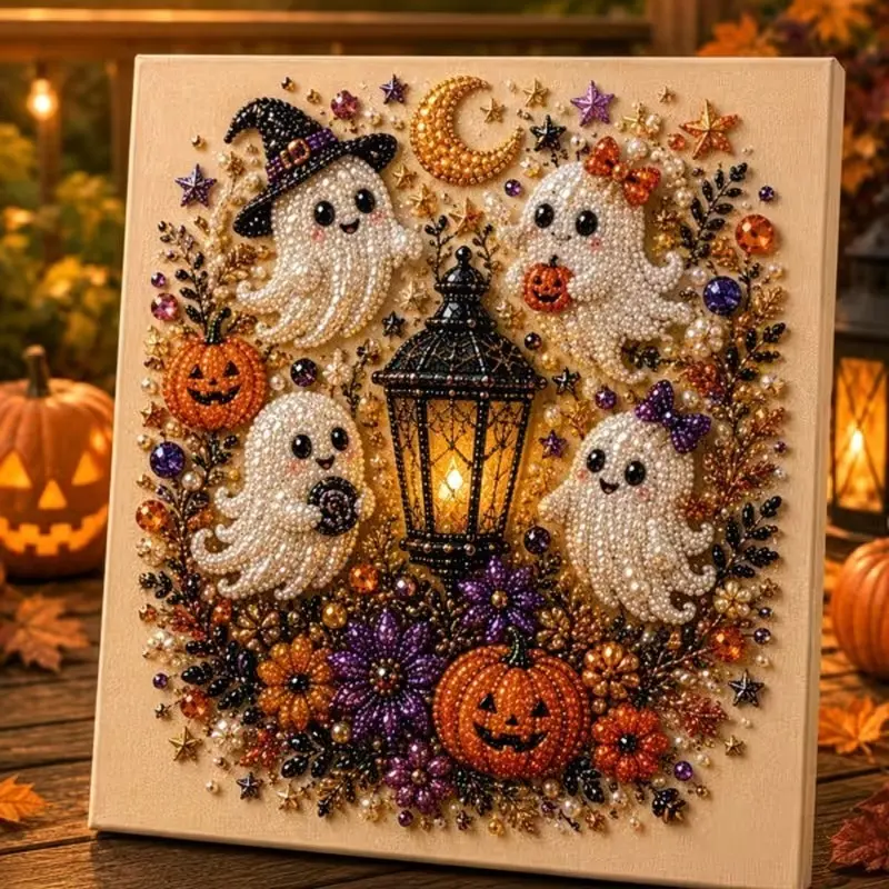 Halloween Ghost Pearl Rhinestone Painting Kit, Gothic Pumpkin Moon Mosaic Craft Ornament For Autumn Home Table Wall Decor
