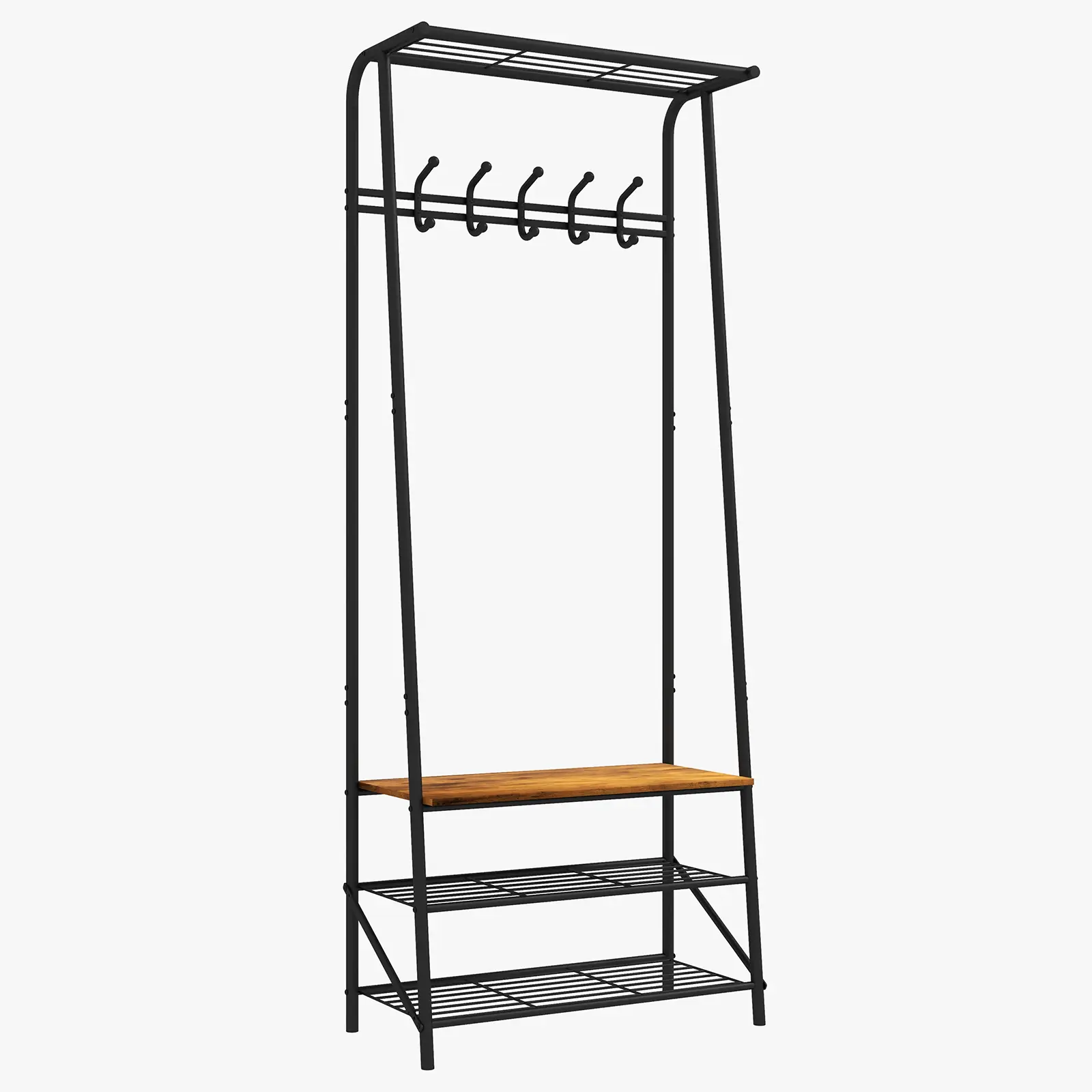 Rustic Decorative Adjustable Hall Tree Entryway Bench - 5 or 10 Hooks, Wood Look Accent, Metal Frame, 25.2"d x 11.4"w x 70"h, Multifunctional Organizer for Entryway, Bedroom, Kitchen