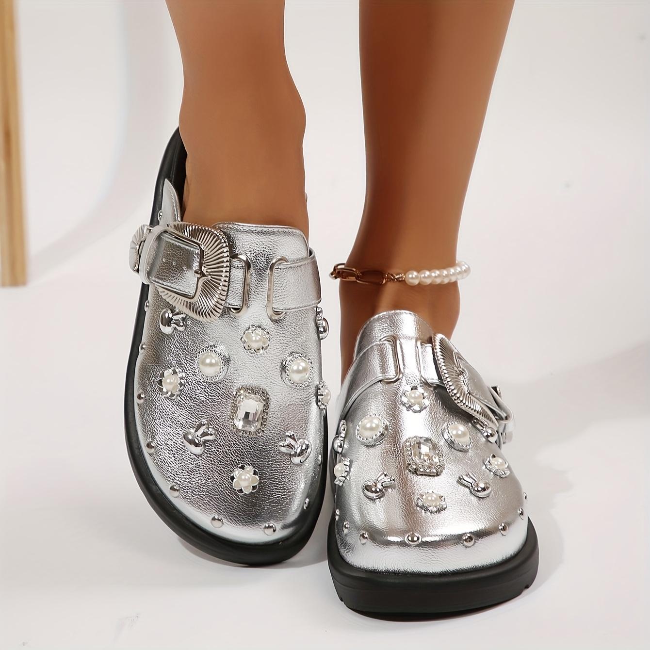 Women's Retro British-Inspired Platform Mules with Rivet Details - Slip-On, Round Toe, Faux Cover Casual Shoes