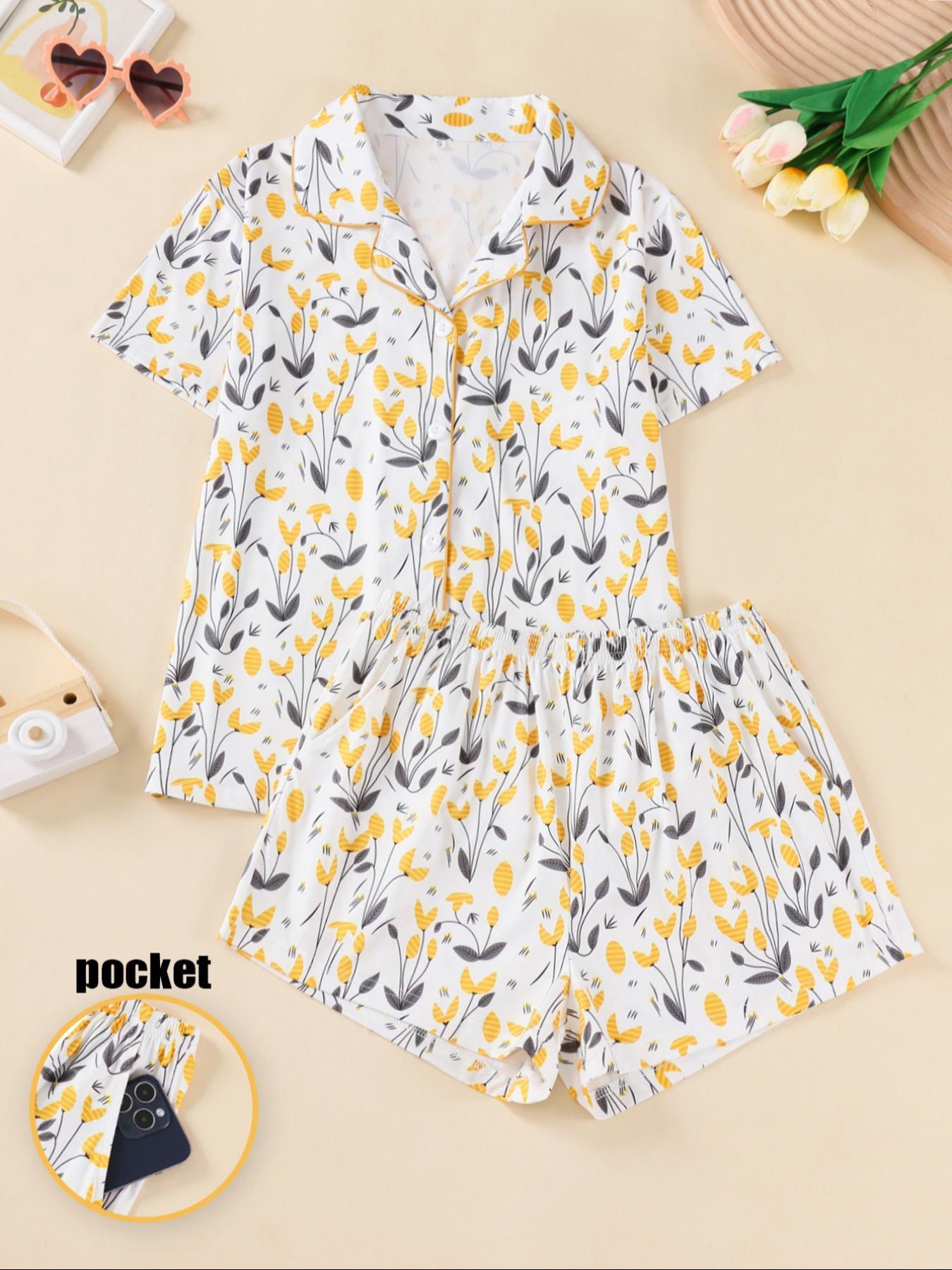 Women's All Over Bowknot Print Pajama Two-Piece Set, Cute Short Sleeve Lapel Top & Pocket Shorts PJ Set, Women's Sleepwear for Summer