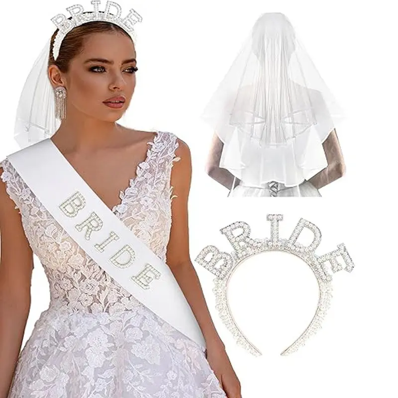 Three-Piece Bride Set, Bridal Headband, Bridesmaid Shoulder Straps, Veil, Perfect for Singles Party, Wedding Gift, Photoshoot, Ceremony, Party Accessories, Party Photo Prop, Party Props
