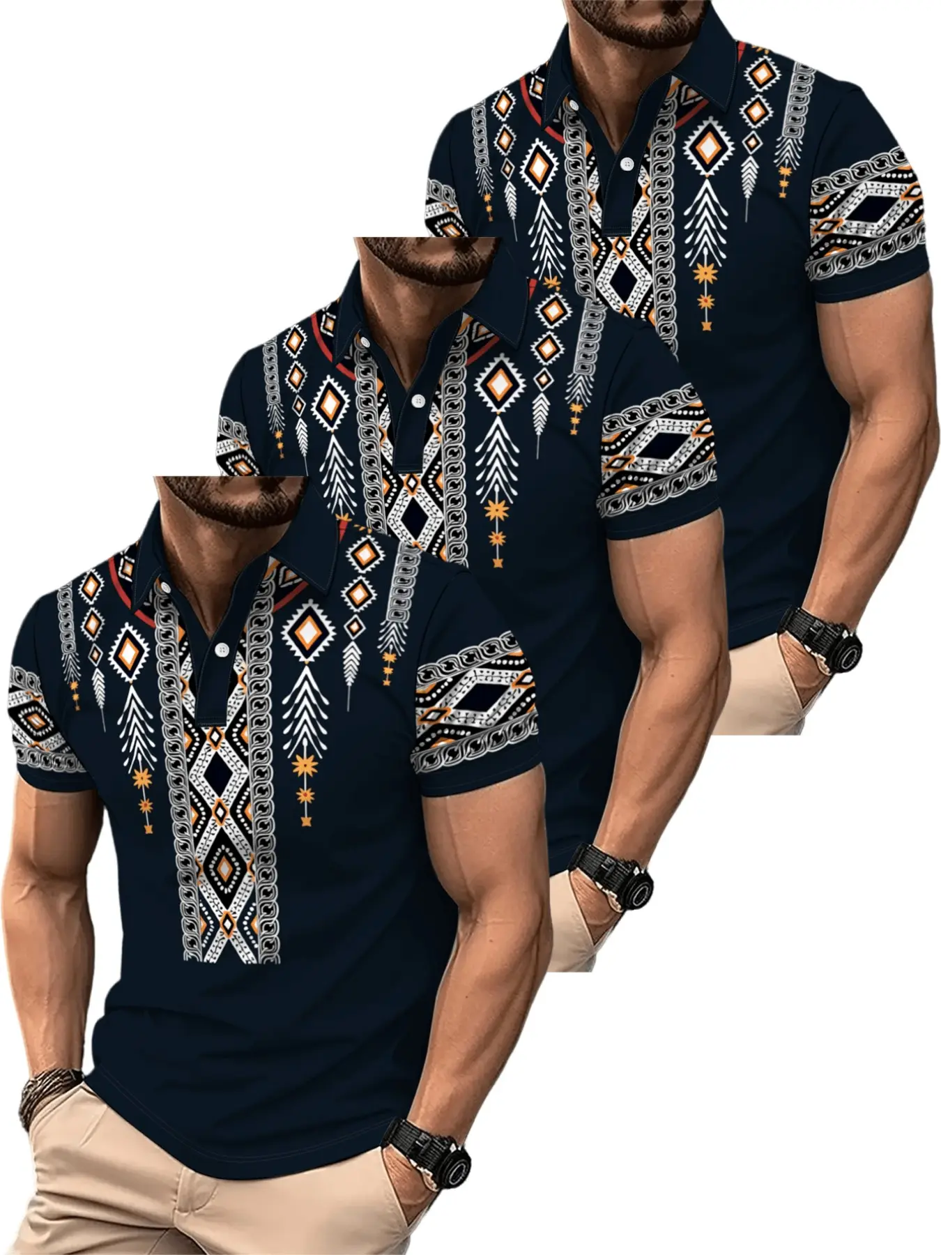 Men's Ethnic Print Short Sleeve Polo Shirt Set, Deep Blue Geometric Pattern, Slim Fit Casual Top, Three Pieces, Comfortable and Stylish