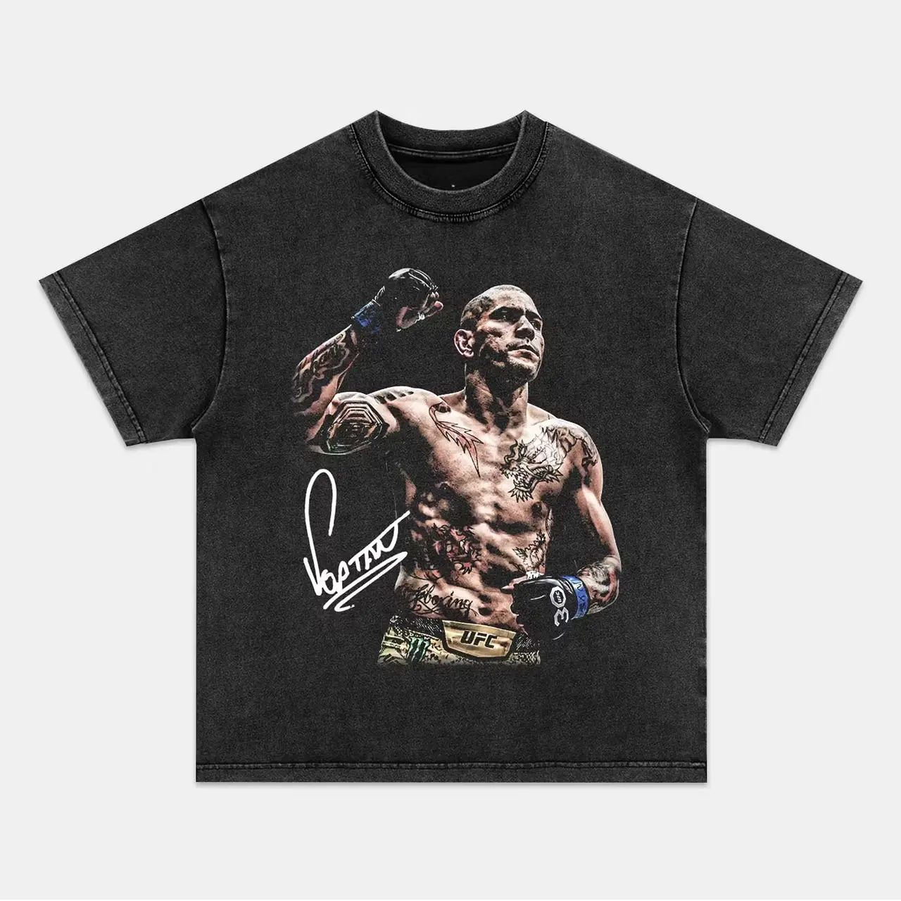 Retro Alex Pereira Poatan Victory Raised Fist Portrait With Handwritten Autograph Full Front Graphic Vintage Washed Black Oversized Heavyweight Cotton Streetwear T-Shirt, Unisex Top, MMA UFC Fight Fan Apparel