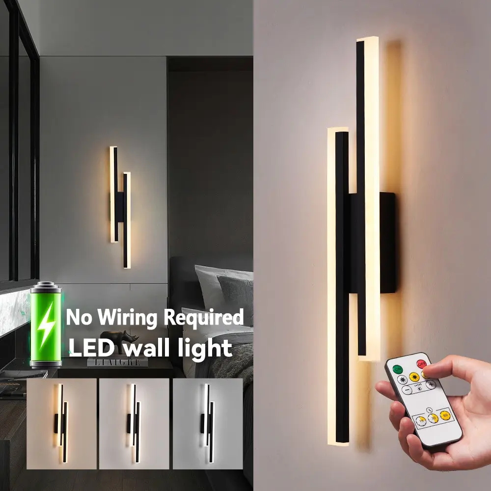 1/2p LED Wall Light, USB Rechargeable, Black/Gold Color Dual Vertical Strips, Remote Control Dimmable, Bedroom Bedside Indoor Hallway Lighting