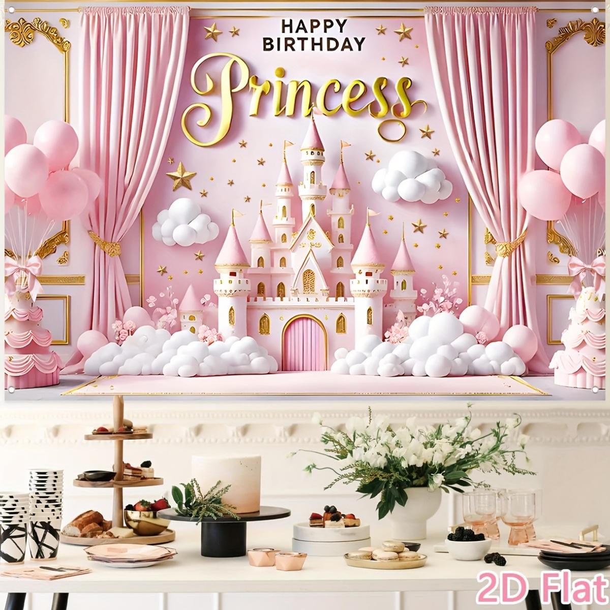 Pink birthday celebration background fabric, princess-themed party balloon castle pattern background fabric, birthday party decoration, baby party photography supplies, birthday party banner tapestry funny room tapestry durable man