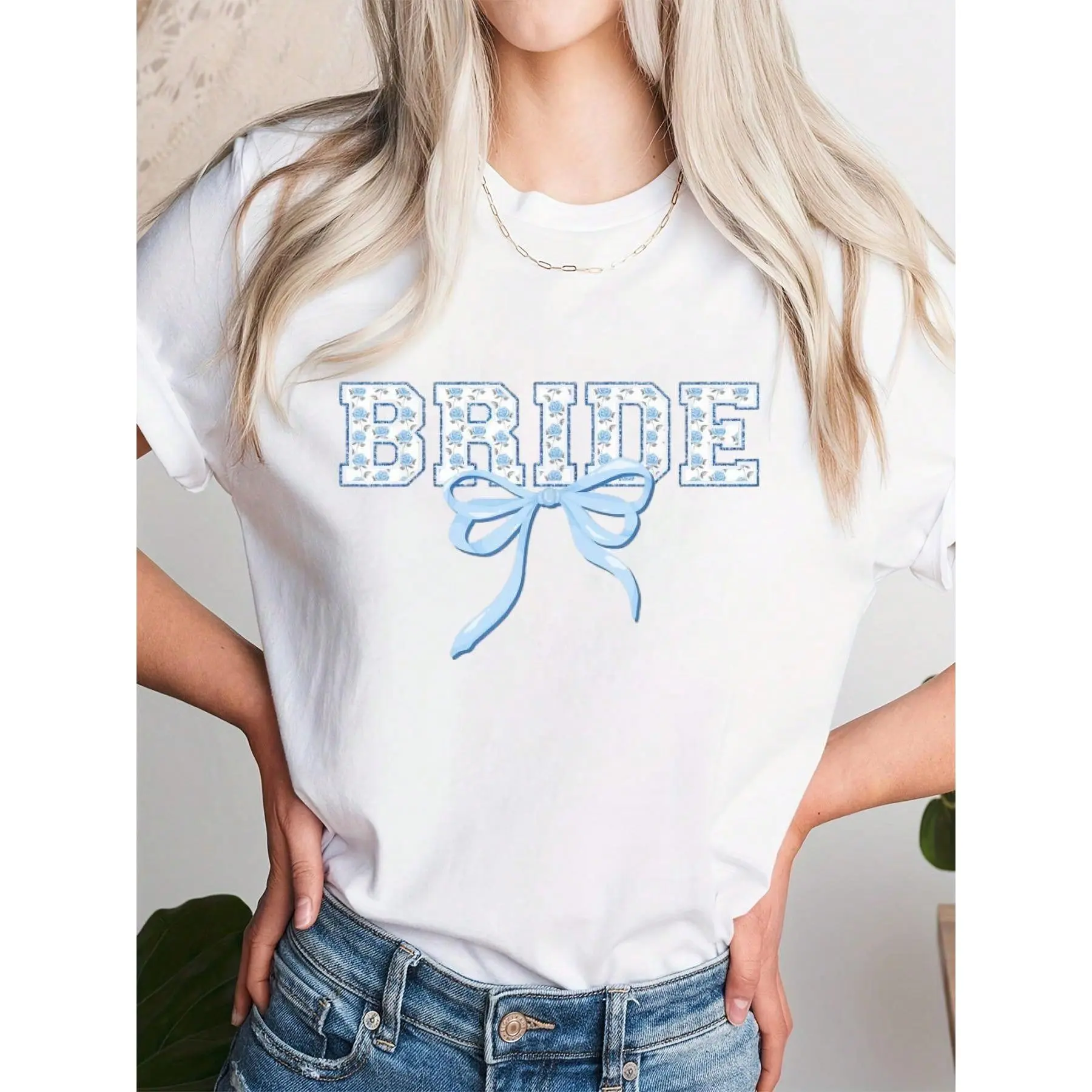 White Tops, 1pc 100% Cotton Casual T-Shirt With Bride Blue Bow Coquette Floral Matching Bridal Party, Wedding Gift, Honeymoon Shirts, Romantic Valentine's Day Gift For Couples, Bachelor Party Gifts fyp crazy random