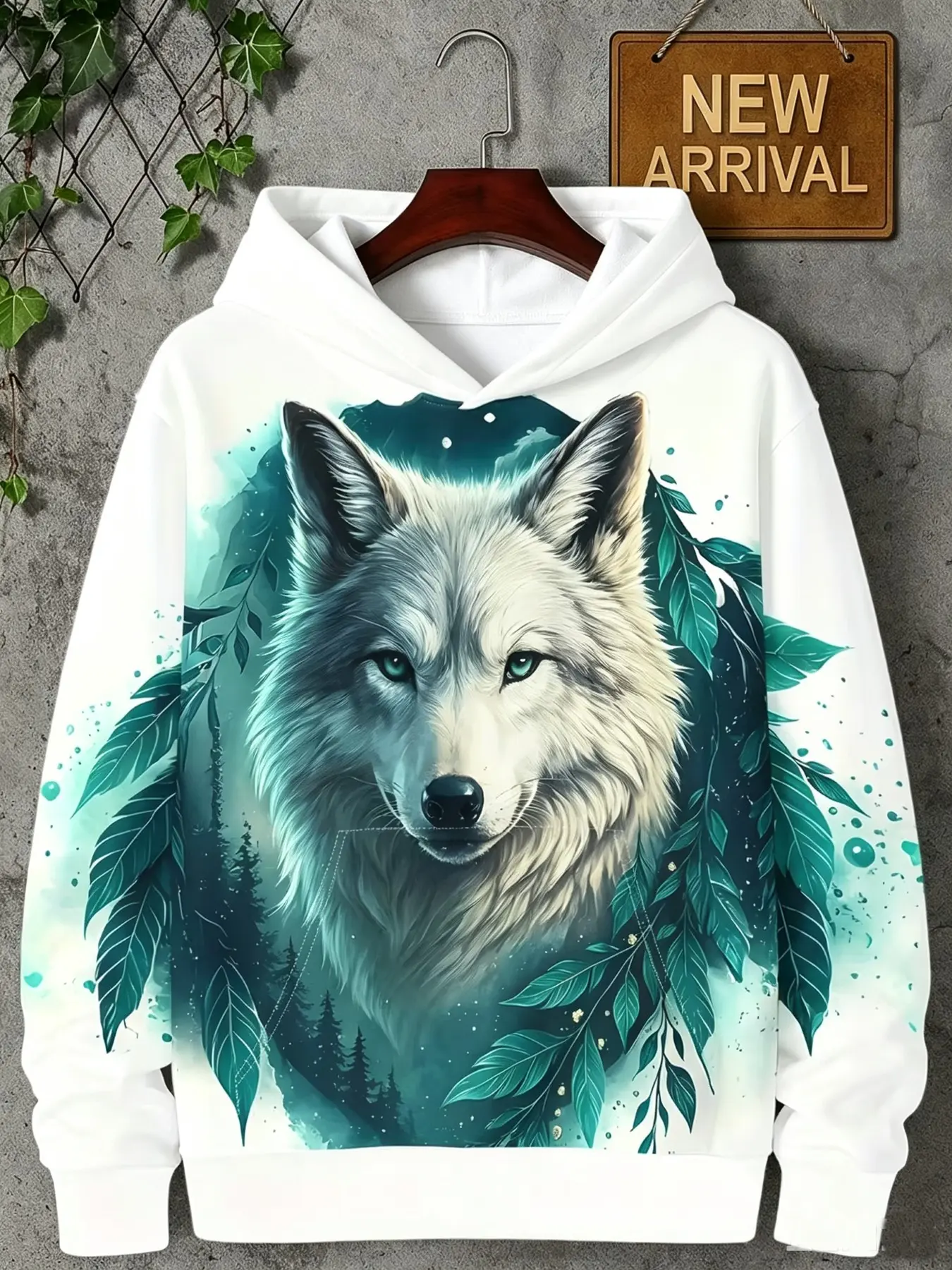 Casual Hooded Sweatshirt with Arctic Wolf Design, Pullover with Nature Patterns, Digital Print, Loose Fit, Fall Winter Fashion