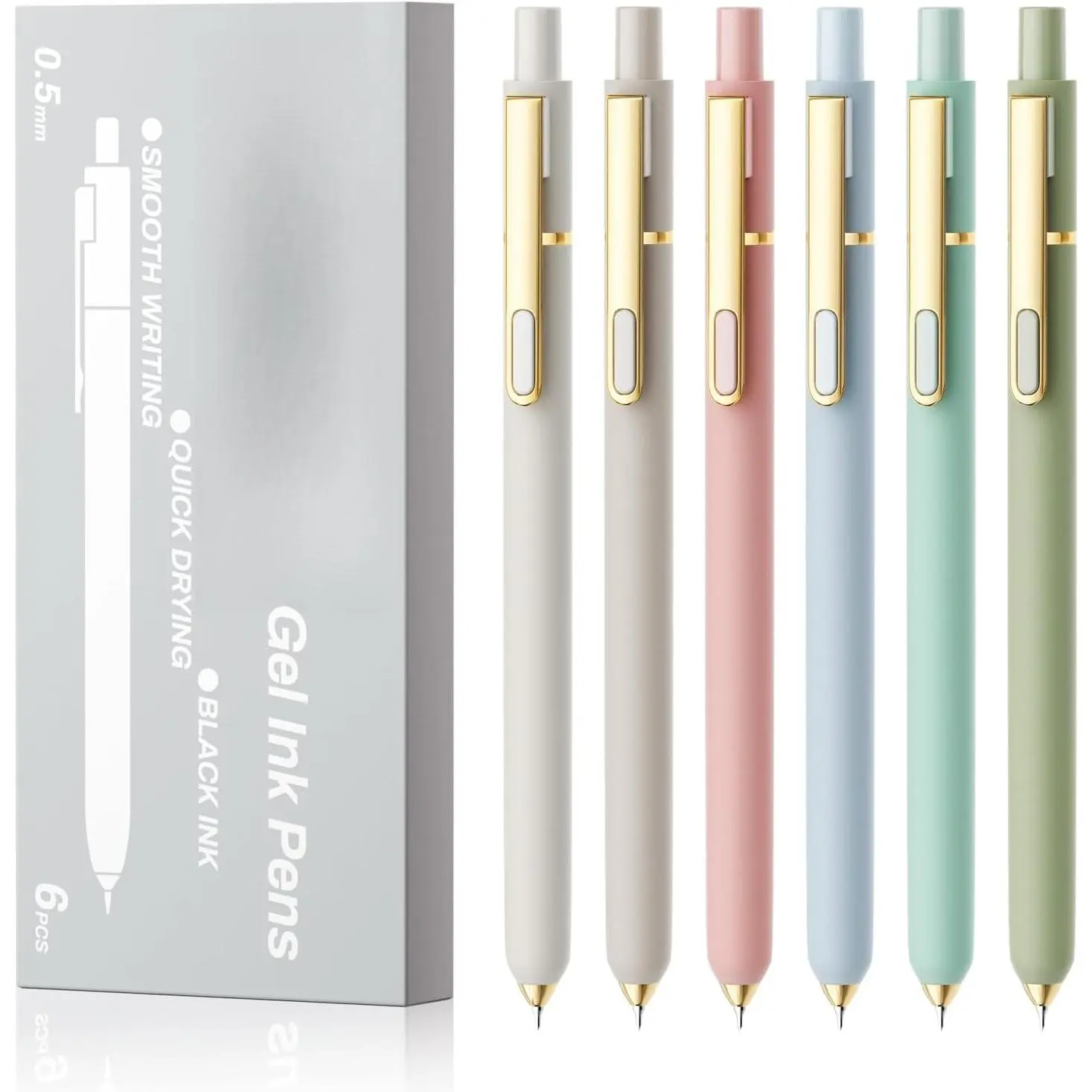 Gel Pens, 6 Pack 0.5mm Pens Fine Point Smooth Writing Pens with Quick-Dry Black Ink, Cute Aesthetic School Office Note-Taking Pens for Journaling - Morandi