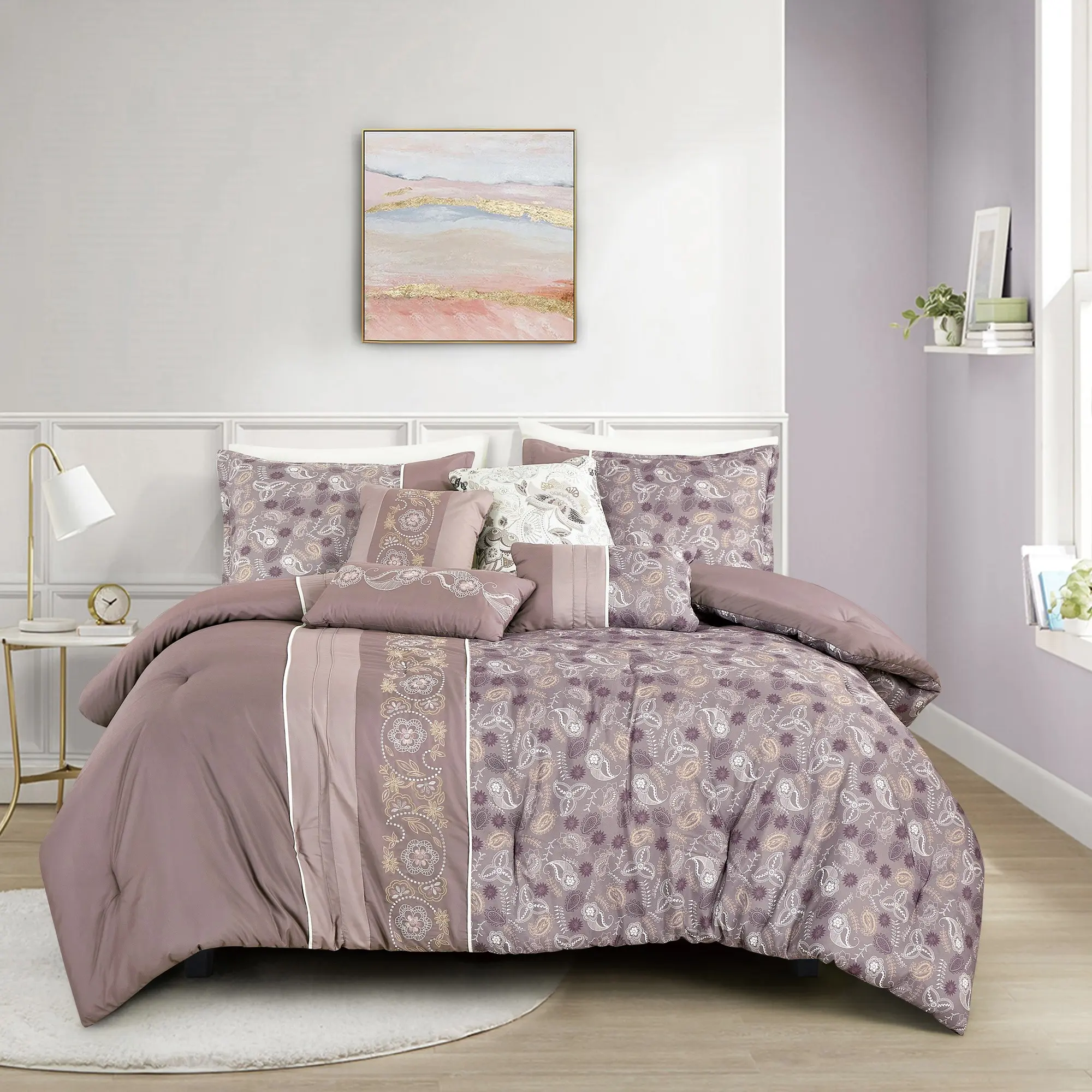 Romantic Luxury 7-Piece Paisley Print & Embroidery Comforter Set (Queen/King/Cal-King) Best gift for Wife.