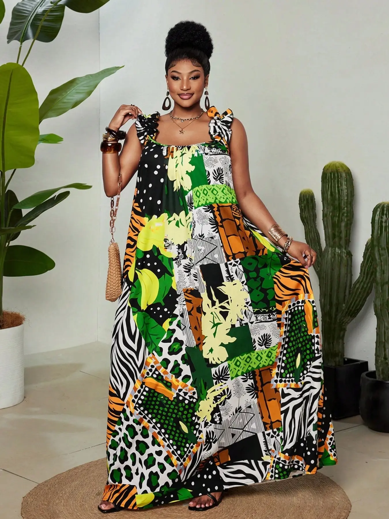 Women’s African Print Maxi Dress, Ankara Colorful Summer Vacation Dress, Boho Style, Loose-Fitting, Sleeveless, All over Print, Unlined