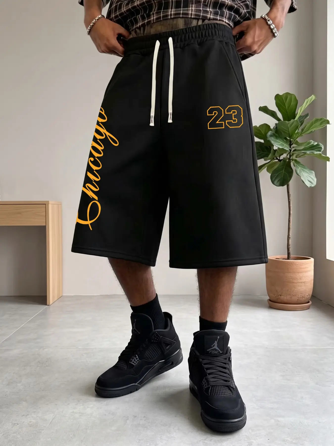 Soft Polyester Men Elastic Drawstring Gaucho Pants, Chicago 23 Vertical Cursive Letter Print Loose Wide Leg Capri Smartypants, Casual Royal Ascot Outfit Bottoms With Side Pockets For Hip Hop Street Summer Daily Home Workout