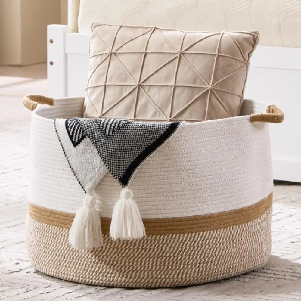 Woven cotton rope large storage basket, 20 in x 13 in, 85L, decorative nursery basket for room organization, suitable for pillows, blankets, and doll storage. Foldable Stair storage basket with Handles.
