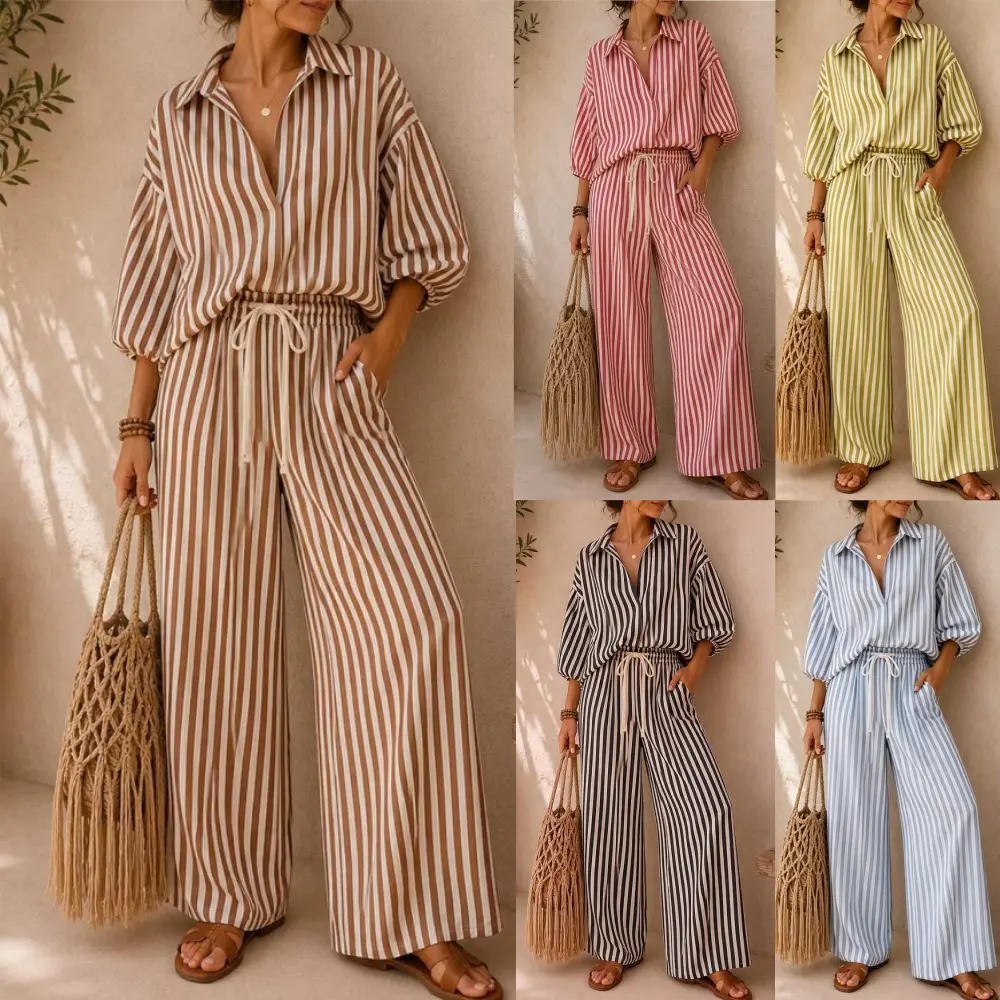 Fashion Striped Women's Long Sleeve Shirt Loose Pants Two-piece Set