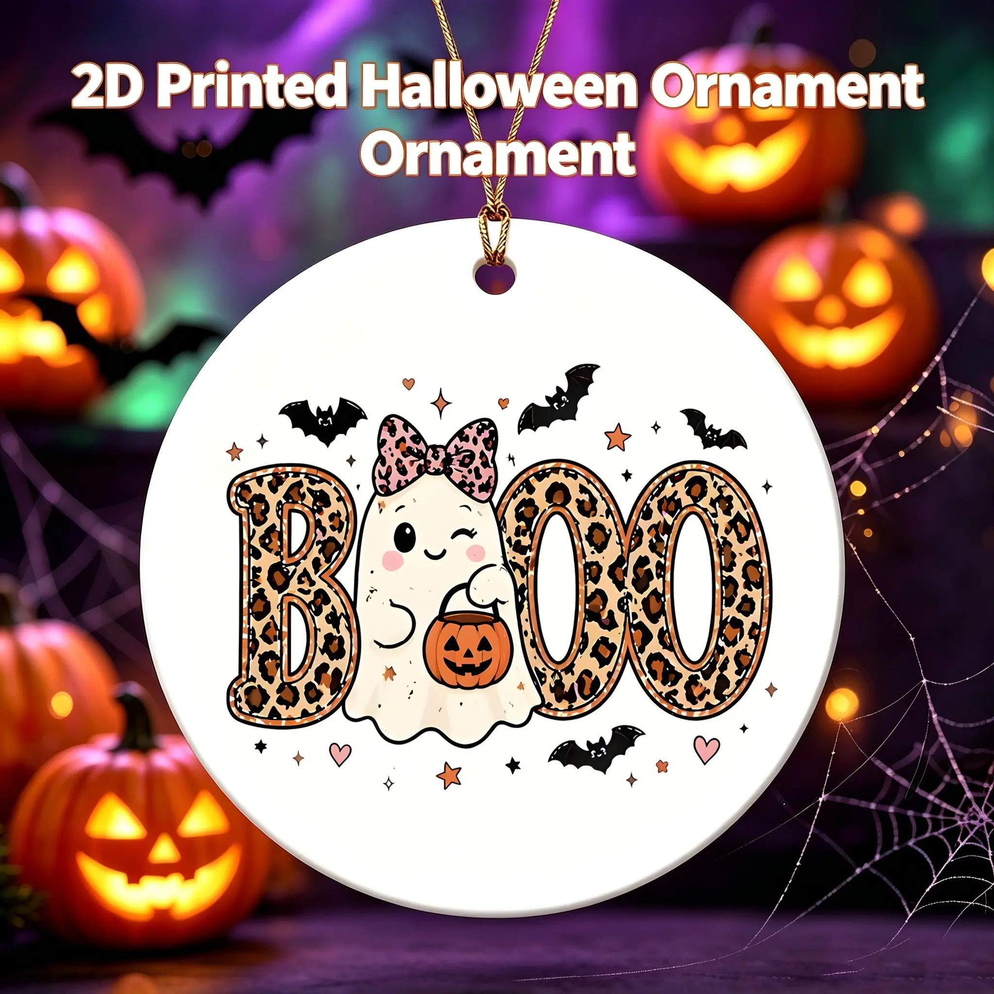 Halloween Style Ceramic Ornament Leopard Print Boo Ghost Pattern Ceramic Hanging Decoration For Kids And Party Decor 3 Inch