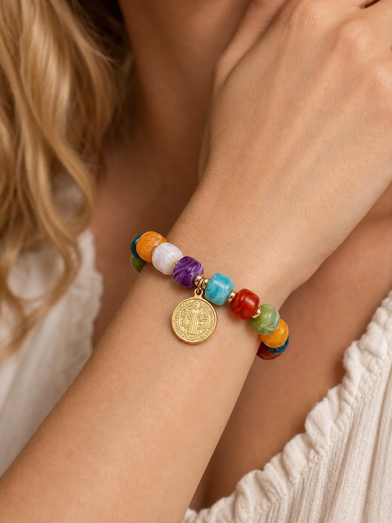 Vintage Colorful Beaded St. Benedict Pendant Bracelet, Bold Acrylic Bead Bracelet, Fashionable Jewelry Accessory, Unique Gift Idea