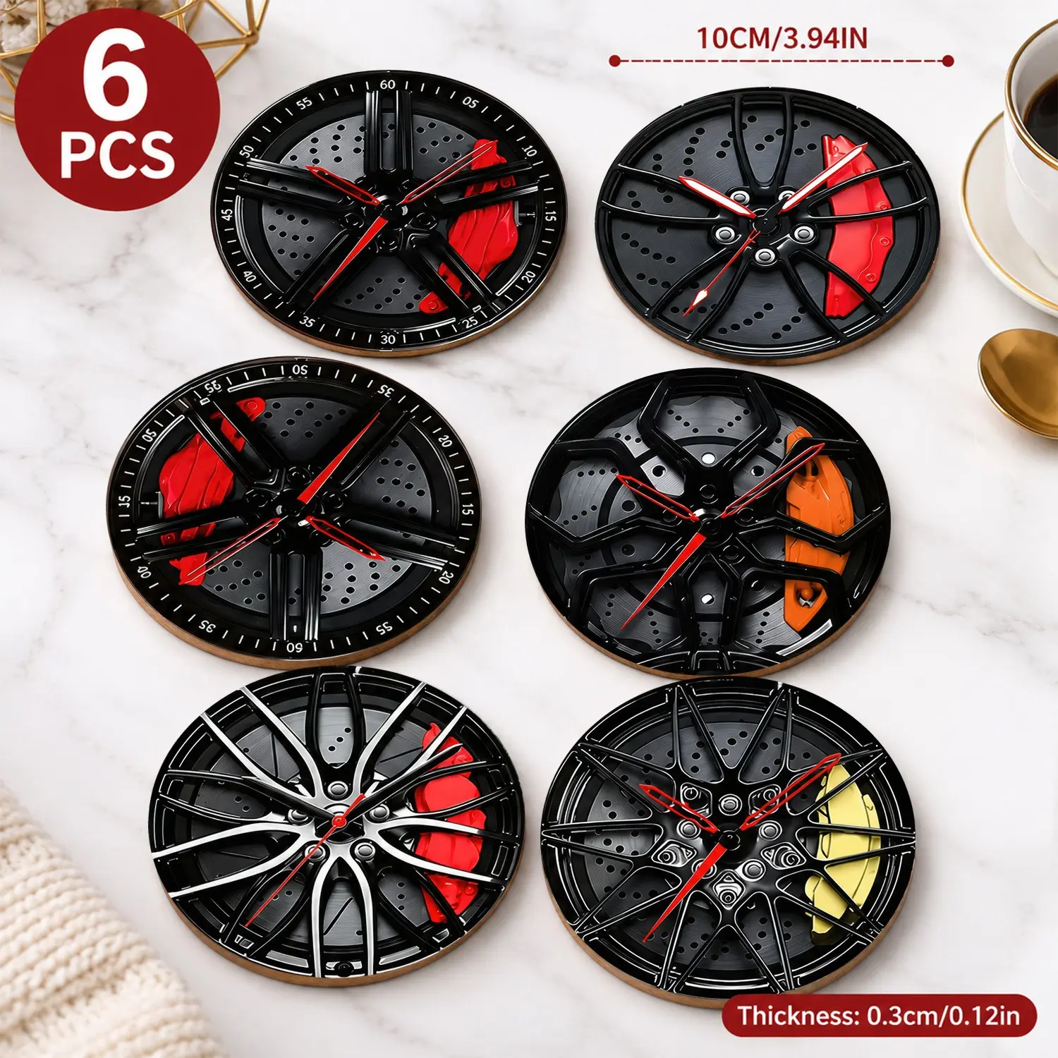 6PCS Realistic Car Wheel Wooden Coasters | Brake Disc & Racing Rim with Red Caliper Design | 6 Unique Auto Styles | Heat Resistant Table Protector | Man Cave Garage Bar Decor