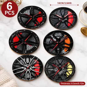 6PCS Realistic Car Wheel Wooden Coasters | Brake Disc & Racing Rim with Red Caliper Design | 6 Unique Auto Styles | Heat Resistant Table Protector | Man Cave Garage Bar Decor