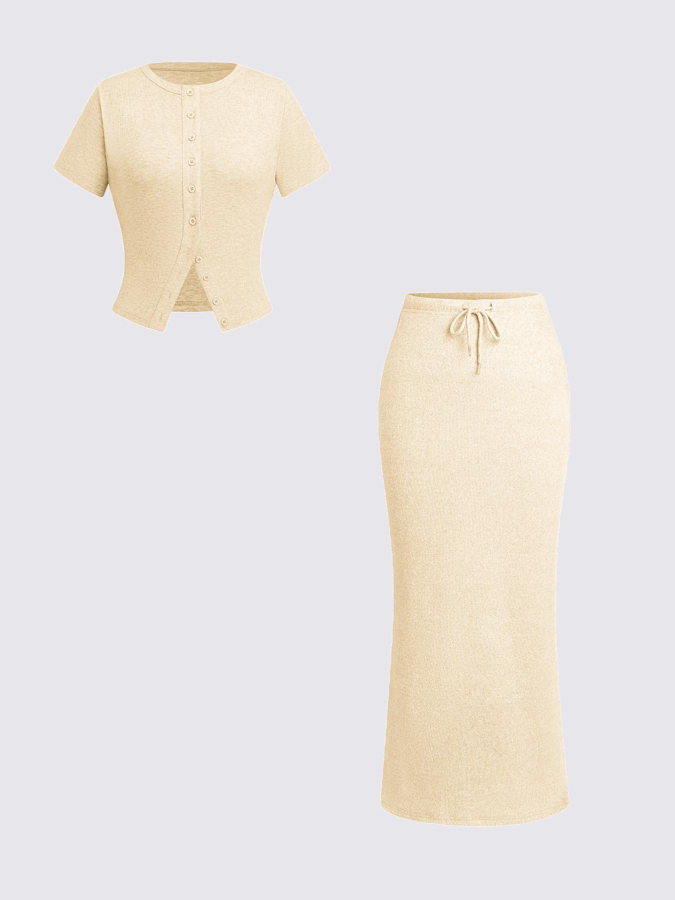 Women's Solid Basic Button Front Tee & Drawstring Split Hem Skirt Two-piece Set, Casual Short Sleeve Round Neck Top & Skirt for Daily Wear, Ladies Two-piece Outfits for All Seasons, Matching Clothing Set Women