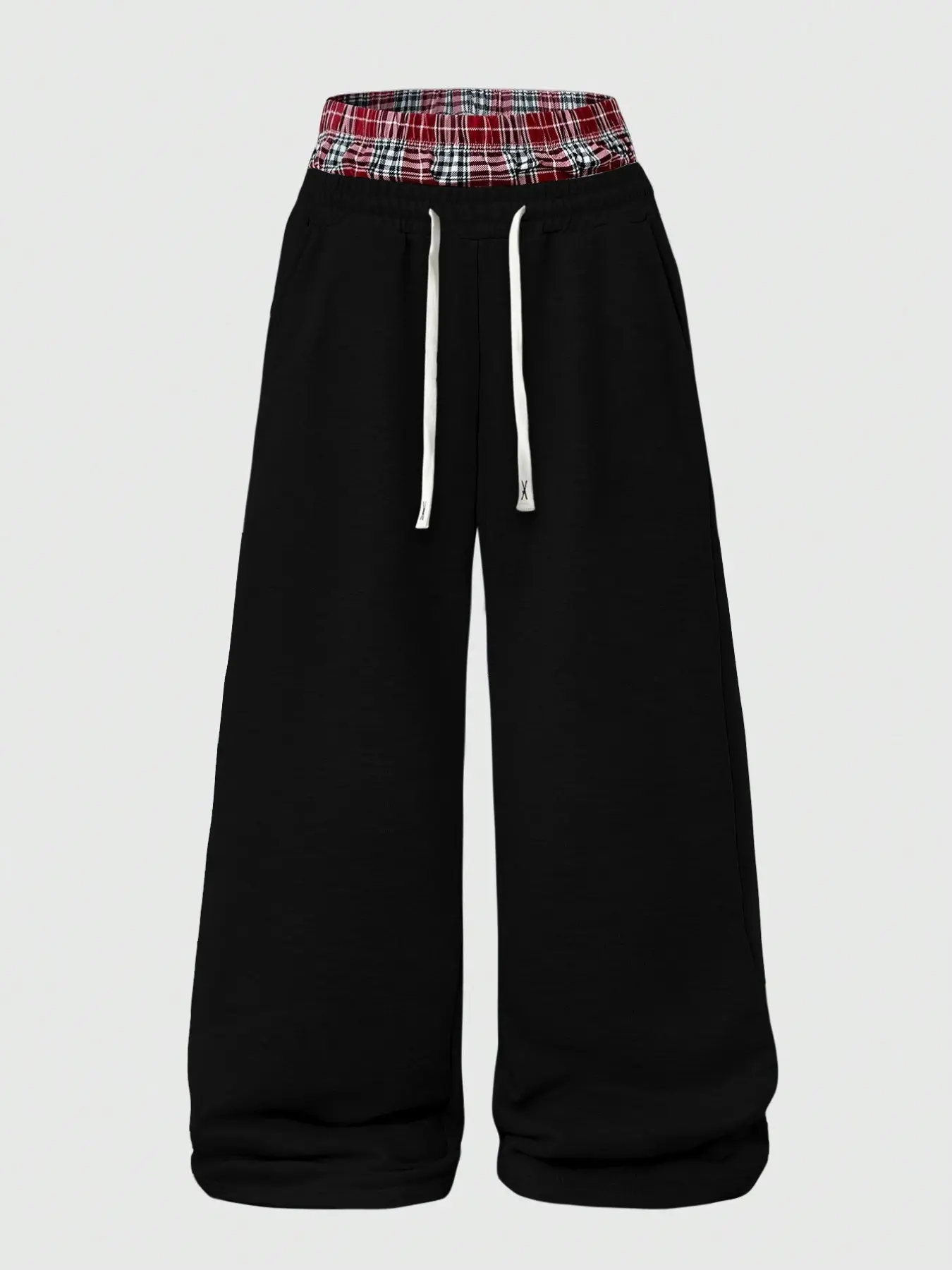 Women Black Oversized Wide Leg Sweatpants Contrast Red Plaid Double Layer Waist White Drawstring With Logo Tip Side Pockets Y2K Street Casual Trousers