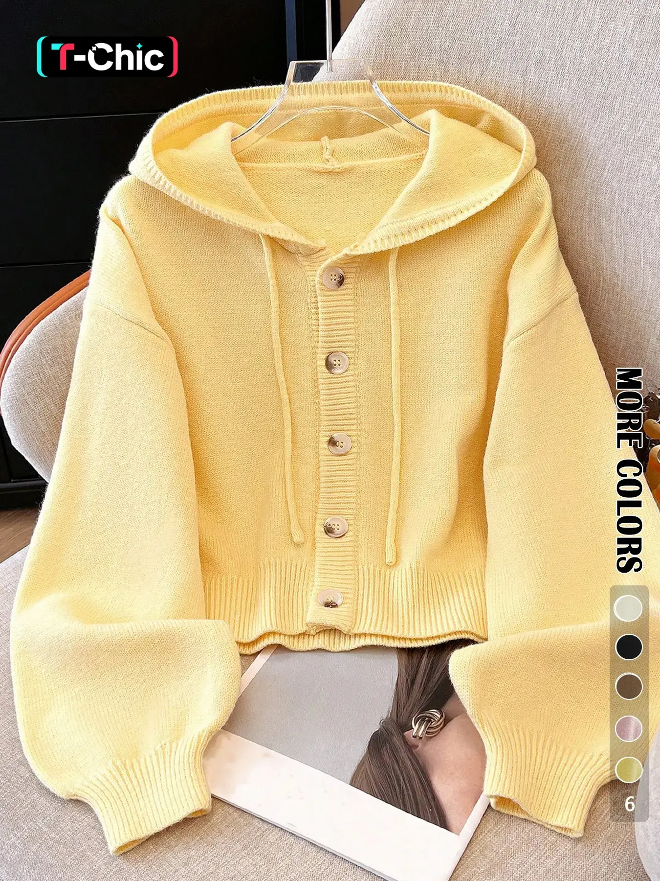Women's Fall Winter Hooded Fitted Cardigan, Casual Button Front Short Sweater Coat, Simple Style Basic Knitwear for Daily Wear Womenswear