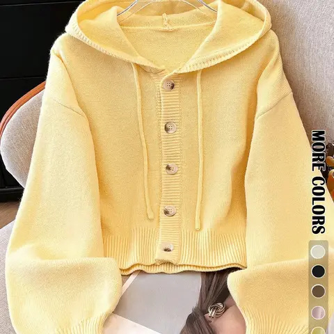 Women's Long-Sleeve Button-Front Hooded Cardigan, Basic Knit Outerwear for Fall & Winter, Casual Womenswear for Daily Wear