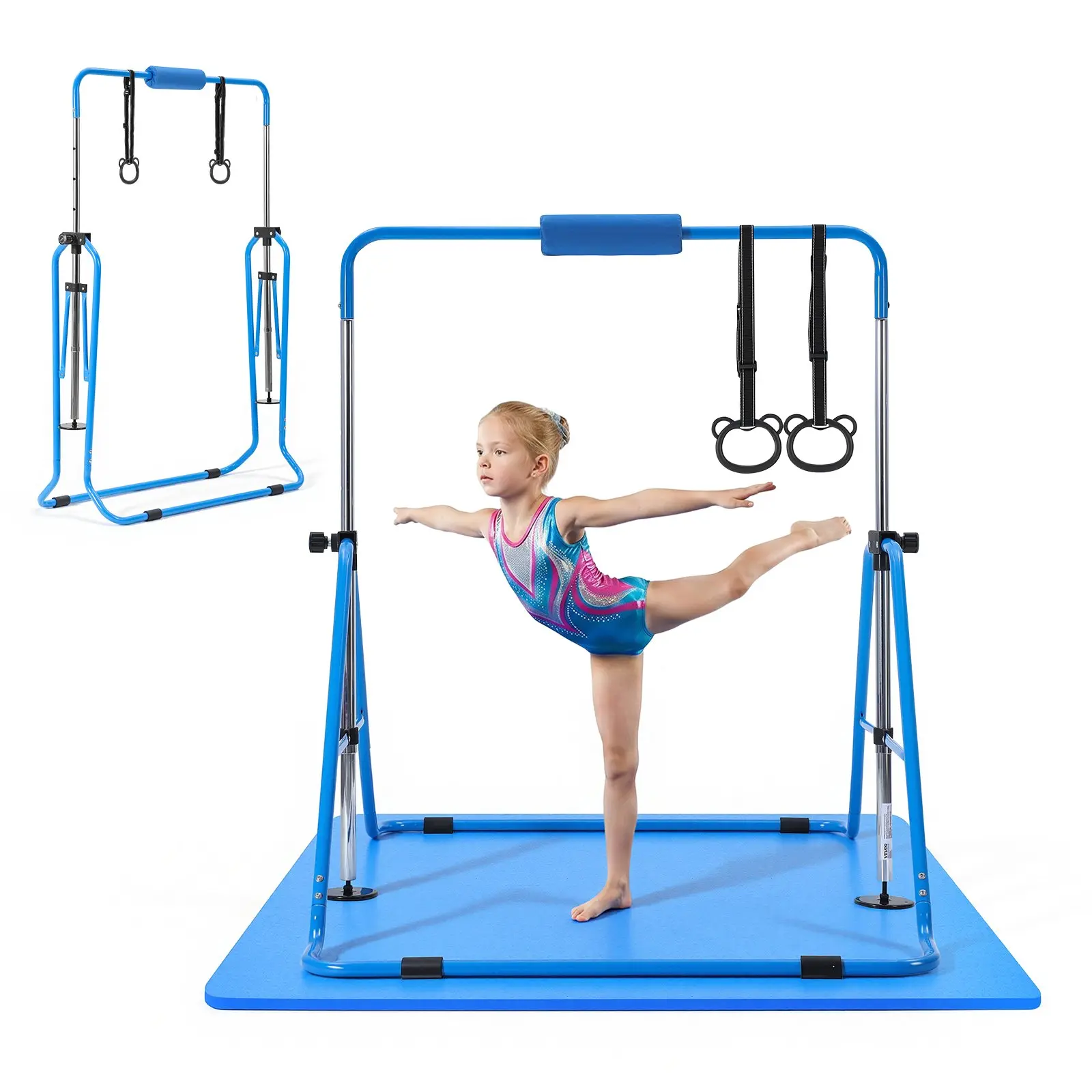 VEVOR Gymnastic Bars for Kids, 140 lbs Capacity Folding Training Kip Bar with Mat, Adjustable Height Gymnastic Horizontal Bar for Home, Training Equipment for Indoor Outdoor, Easy to Assemble, Blue