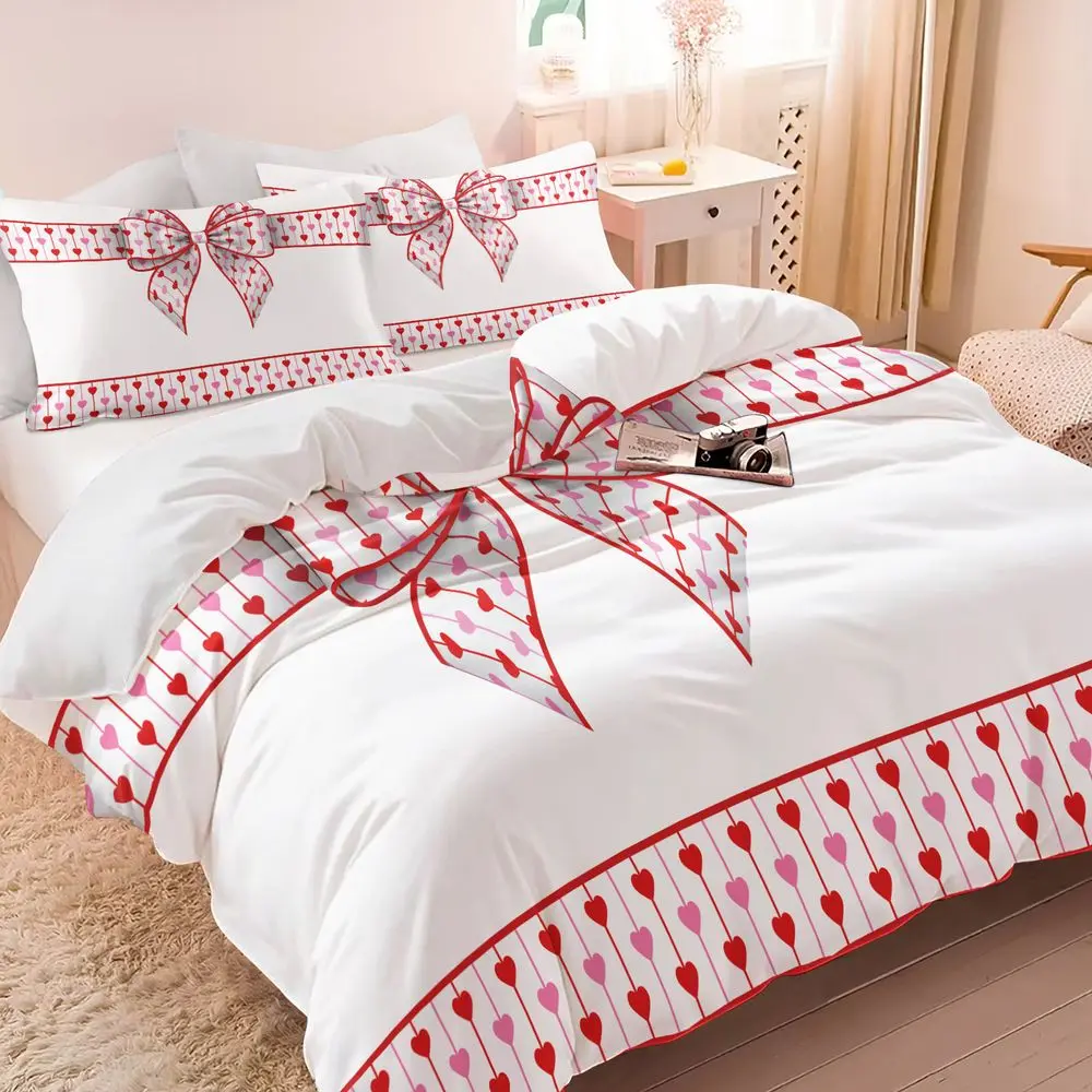 2/3Pcs Coquette Aesthetic Bow Duvet Cover Set, Cute Red & Pink Heart Print Bedding Set for Girls Room, Soft Microfiber Bedding with Pillowcase, Romantic Valentine's Day Bedroom Decor No Fillers, Comfy Bedding Set