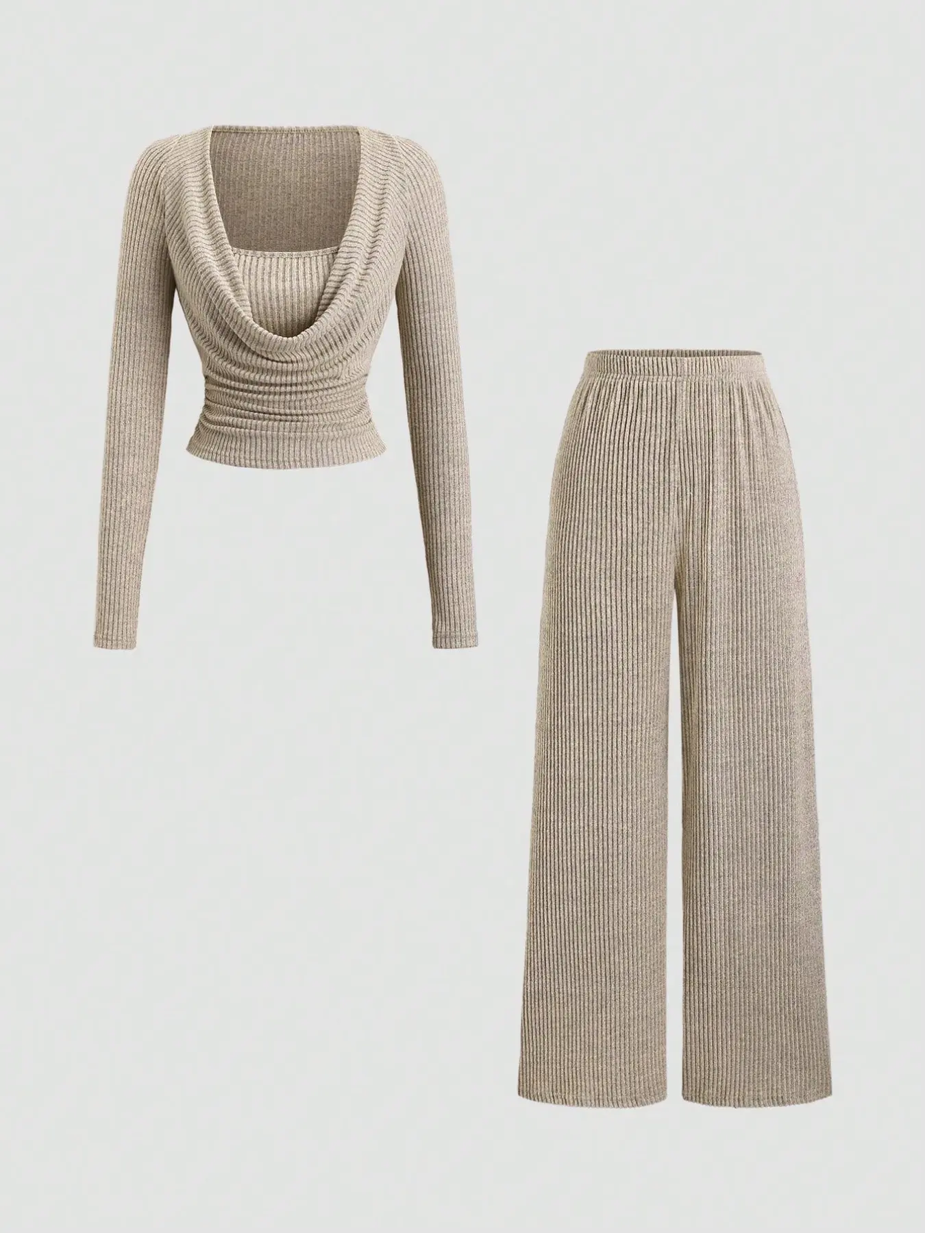 2 PieceViral Co Ord Set Casual Long Sleeve Cowl Collar Faux Layer Short Top & Full Elastic Waist Straight Wide Leg Trousers Matching Outfit