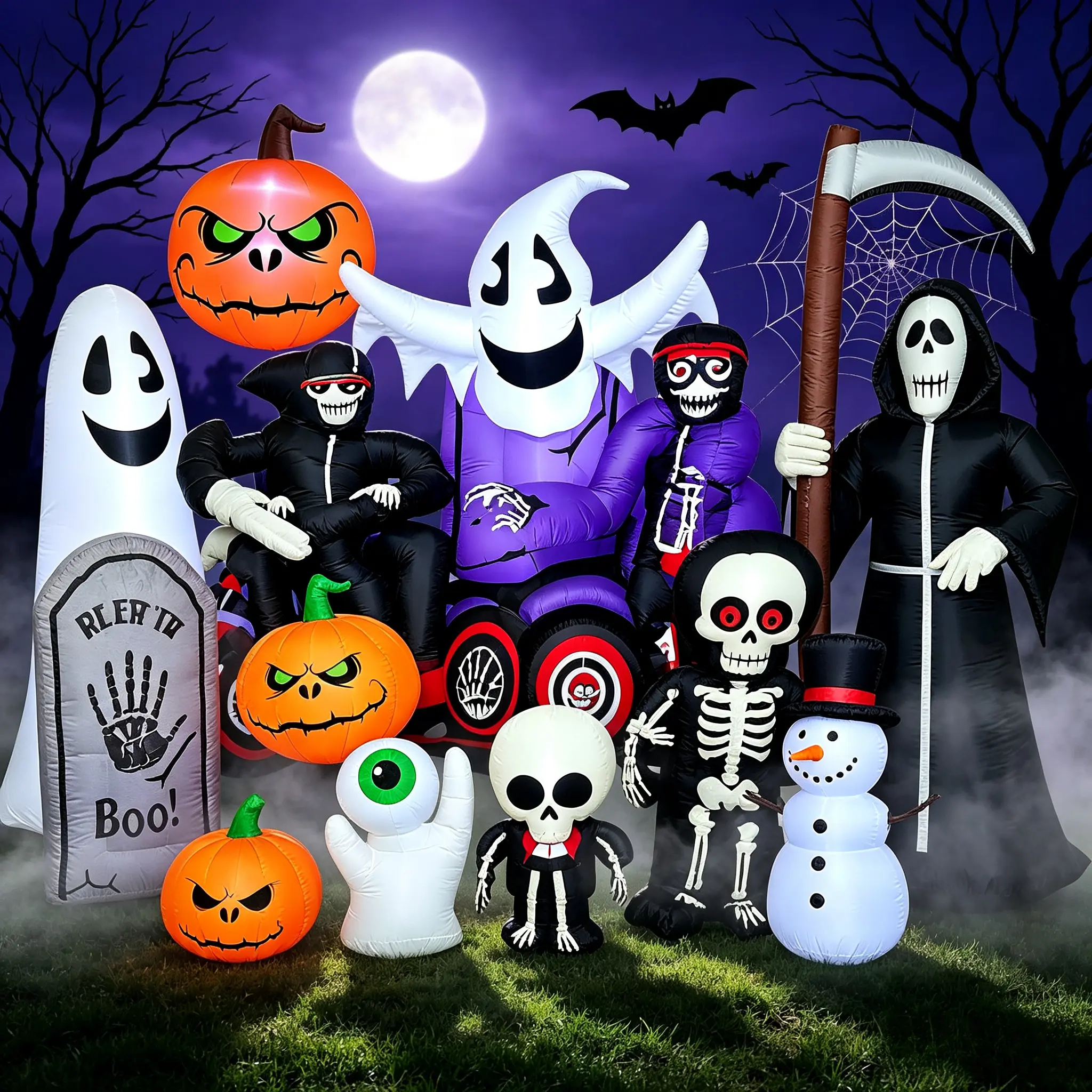 Spooky Halloween Inflatable Yard Decorations, Built‑in LED Lights Light‑Up Blow‑up Decor, Multiple Designs, Outdoor Lawn Garden Home Halloween Holiday Party Decor for Yard Lawn
